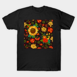 Autumn pattern with sunflowers and berries on dark brown T-Shirt